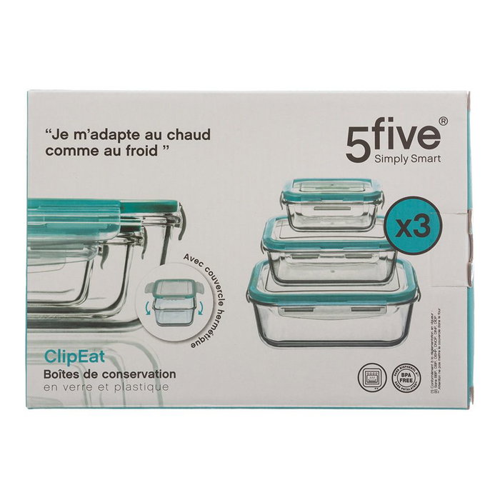 5Five Lot de 3 Boîtes de Conservation en Verre avec Couvercle - 330 ml, 800 ml & 1730 ml - Transparent et Bleu