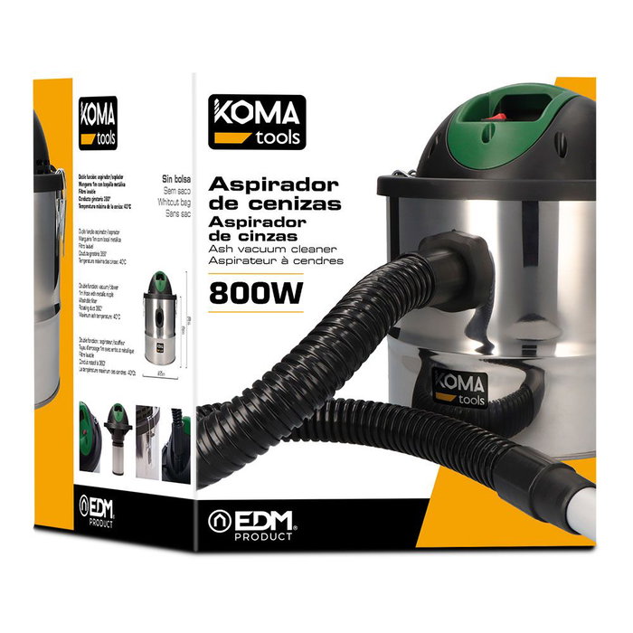 Koma Tools Aspirateur à cendres 800W avec câble 2m - Métal chromé et vert - Capacité 10L - Température max 40°C - AS-800