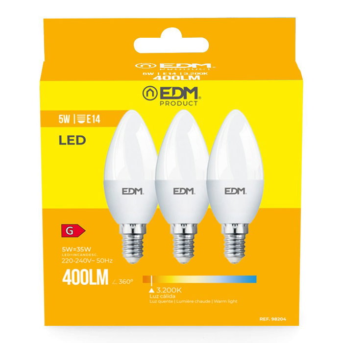 Edm Lot de 3 ampoules LED bougie E14 5W 400lm 3200K Lumière chaude Ø3,6x10cm Edm Lot de 3 ampoules LED bougie E14 5W 400lm 3200K Lumière chaude Ø3,6x10cm