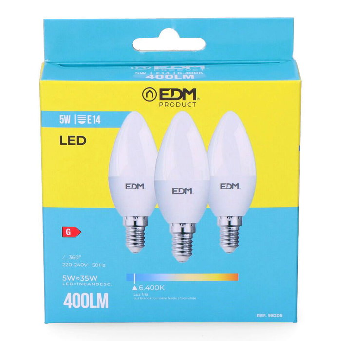 Edm Kit 3 ampoules LED bougie E14 5W 400 lm 6400K lumière froide Ø3,6 x 10 cm Edm Kit 3 ampoules LED bougie E14 5W 400 lm 6400K lumière froide Ø3,6 x 10 cm