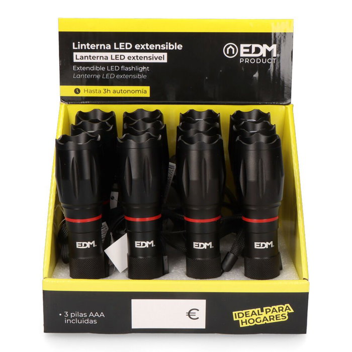 Edm KV1 Lampe torche LED extensible Wild Force 5W 210 lm noir avec zoom et 3 piles AAA incluses