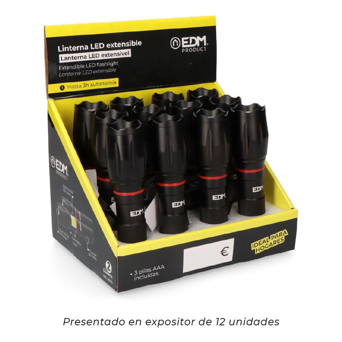 Edm KV1 Lampe torche LED extensible Wild Force 5W 210 lm noir avec zoom et 3 piles AAA incluses
