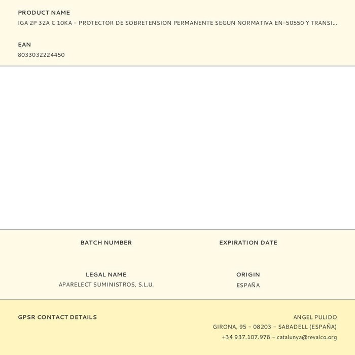 Revalco IGA 2P 32A C 10ka Protecteur de surtension permanente EN-50550 et transitoire 5-15kA 275V Blanc Revalco IGA 2P 32A C 10ka Protecteur de surtension permanente EN-50550 et transitoire 5-15kA 275V Blanc