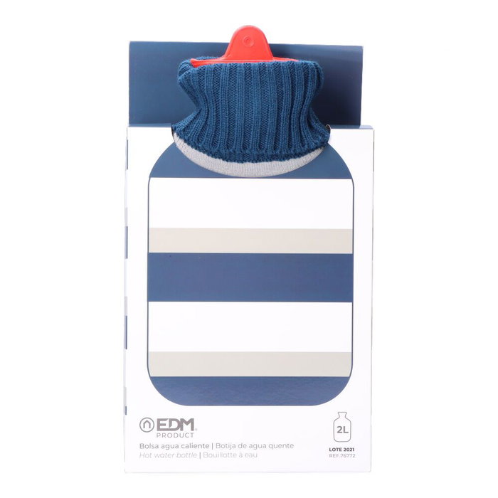 Edm Bouillotte 2 L Rayures Bleues avec Housse en Laine 20 x 1,5 x 34,5 cm