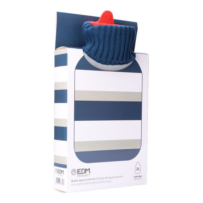 Edm Bouillotte 2 L Rayures Bleues avec Housse en Laine 20 x 1,5 x 34,5 cm