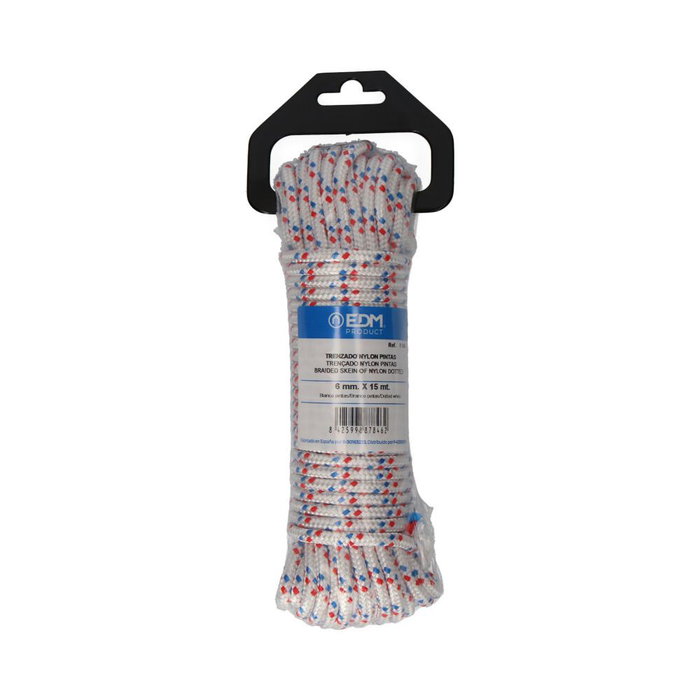 Edm Corde tressée en nylon blanche avec points, calibre 6 mm x 15 m, tricolore Edm Corde tressée en nylon blanche avec points, calibre 6 mm x 15 m, tricolore
