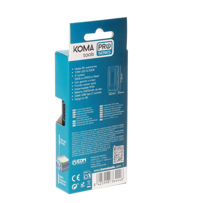 Koma Tools Lampe torche LED professionnelle 10 W 500 lm rechargeable avec crochet + aimant fonction power bank IP44 bleu