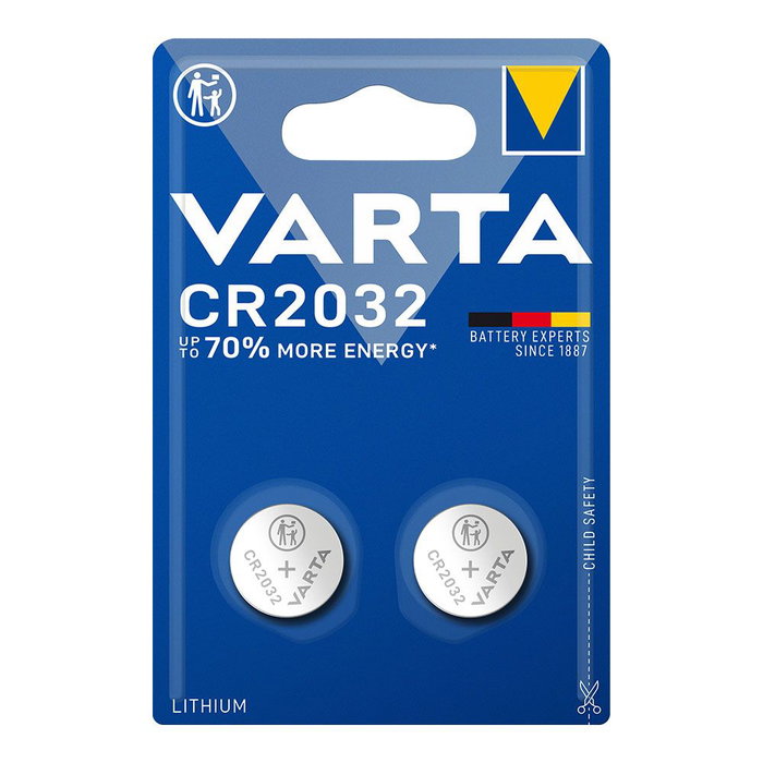 Varta CR2032 Pile bouton au lithium 3V 220 mAh diamètre 20 x 3,2 mm blister 2 unités Varta CR2032 Pile bouton au lithium 3V 220 mAh diamètre 20 x 3,2 mm blister 2 unités