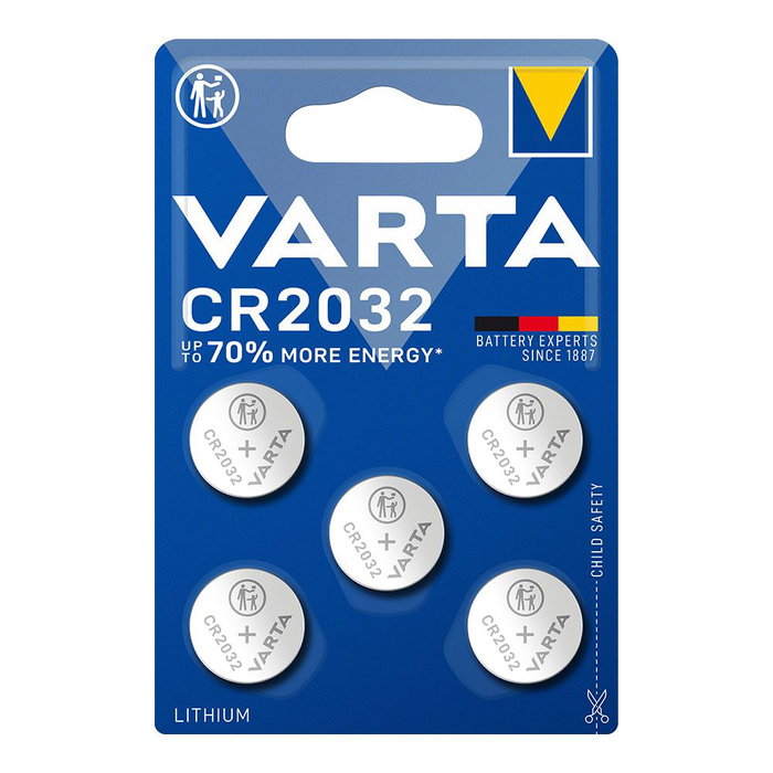 Varta CR2032 Pile bouton Lithium 3V 220 mAh Ø20,0 x 3,2 mm Blister 5 unités Varta CR2032 Pile bouton Lithium 3V 220 mAh Ø20,0 x 3,2 mm Blister 5 unités