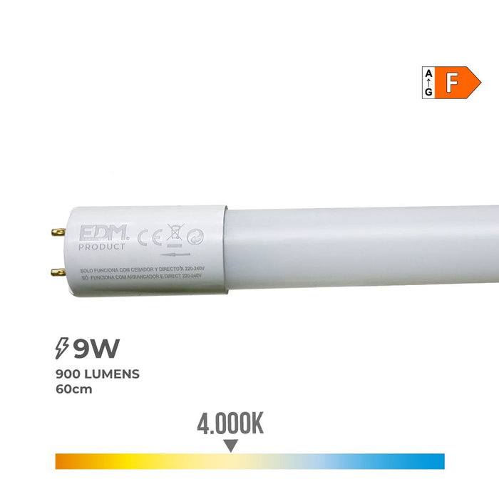 Edm Tube LED T8 60cm 9W 900lm 4000K Lumière du Jour Équivalent 18W Angle 360° Edm Tube LED T8 60cm 9W 900lm 4000K Lumière du Jour Équivalent 18W Angle 360°