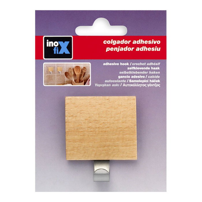Inofix Colgador adhesivo haya (blister) Crochet adhésif en bois et acier inoxydable 51 x 45 x 24 mm