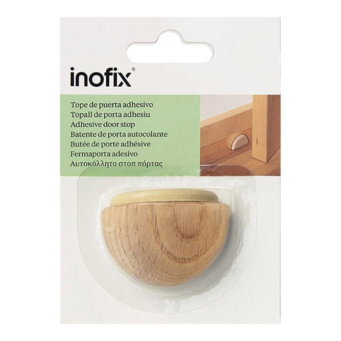 Inofix Tope de porte en bois et caoutchouc finition chêne fixation adhésive blister 24 x 48 x 35 mm
