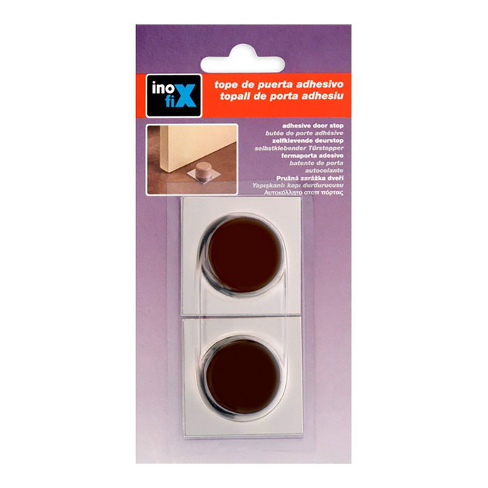 Inofix Butée de porte PVC base métal marron chromé fixation adhésive 2 pièces blister
