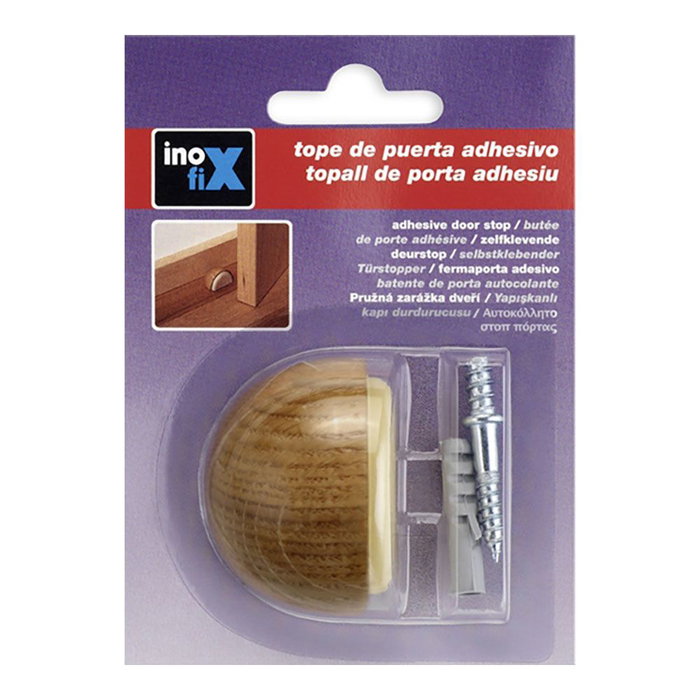 Inofix Butée de porte en bois et caoutchouc finition chêne fixation adhésive et vis incluses blister 24 x 48 x 35 mm