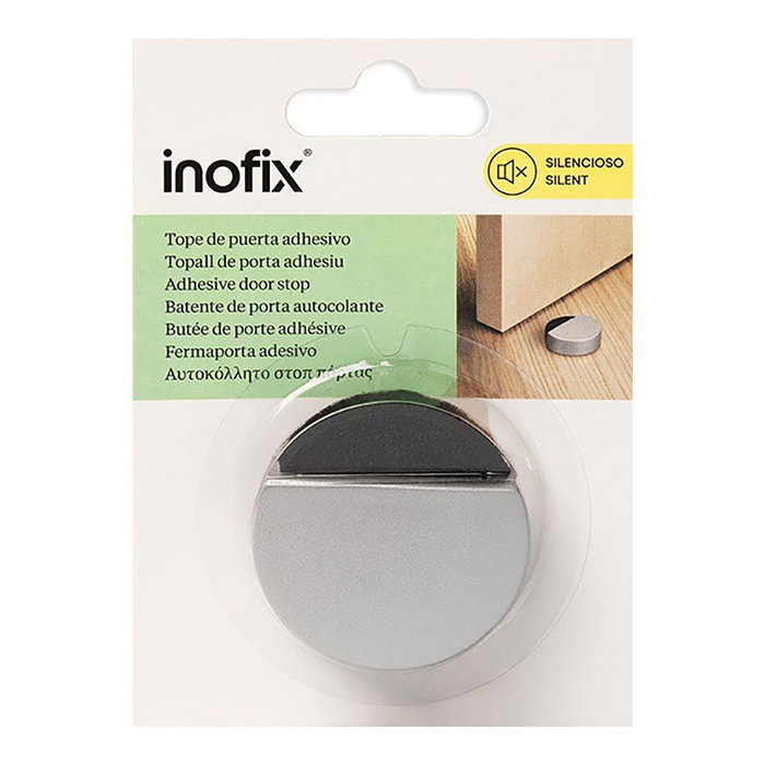 Inofix Butée de porte amortie, PVC avec mousse amortissante, finition chrome mat, fixation adhésive, silencieuse, 14 x 47 x 47 mm