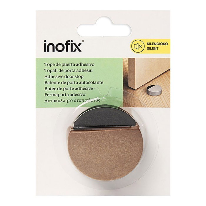 Inofix Butoir de porte en mousse avec finition bois, silencieux, fixation adhésive, blister, 14 x 47 x 47 mm