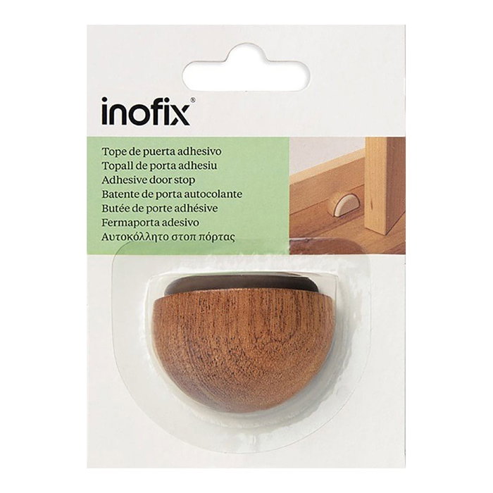 Inofix 24 x 48 x 35 mm Tope de porte en bois et caoutchouc finition sapelly, adhésif, blister