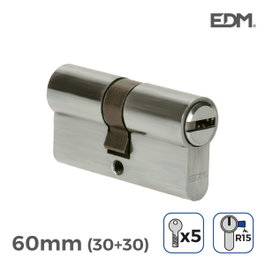 Edm Cylindre 60mm (30+30mm) nickelé, came longue r15 avec 5 clés de sécurité incluses