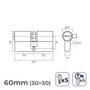 Edm Cilindre 60mm (30+30mm) nickelé leva courte R13 avec 5 clés de sécurité
