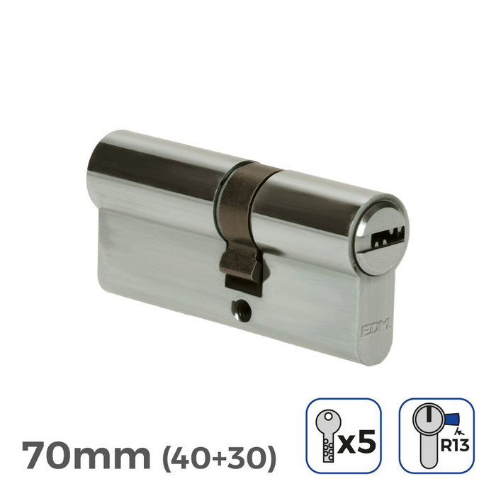 Edm Cilindre 70mm (40+30mm) nickelé leva courte R13 avec 5 clés de sécurité Edm Cilindre 70mm (40+30mm) nickelé leva courte R13 avec 5 clés de sécurité