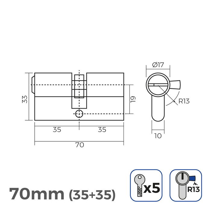 Edm Cilindre 70mm (35+35mm) nickelé leva courte r13 avec 5 clés sécurité incluses Edm Cilindre 70mm (35+35mm) nickelé leva courte r13 avec 5 clés sécurité incluses