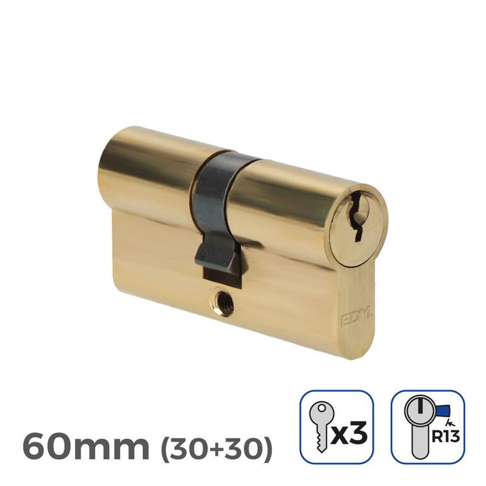 Edm Cilindre en laiton 60mm (30+30mm) leva courte R13 avec 3 clés à serretes incluses doré Edm Cilindre en laiton 60mm (30+30mm) leva courte R13 avec 3 clés à serretes incluses doré