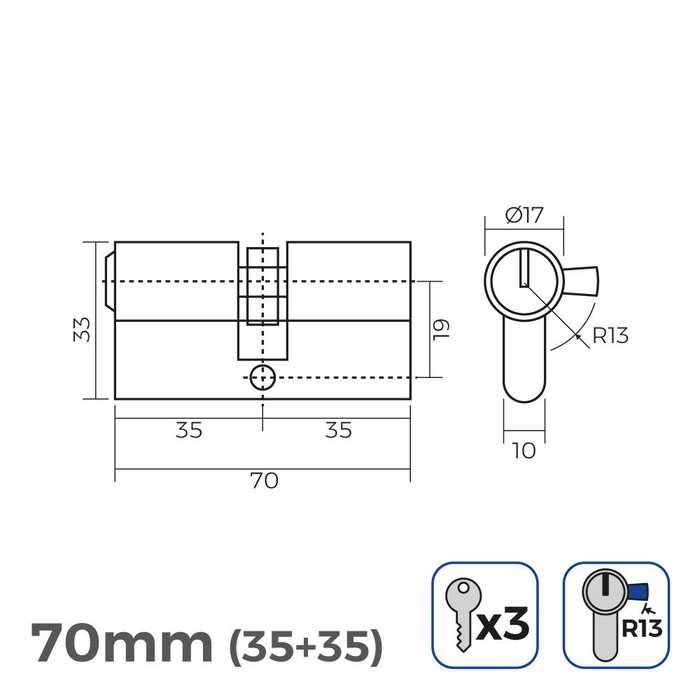 EDM 70mm (35+35mm) Cylindre en laiton doré 17mm avec leva r13 et 3 clés serreta