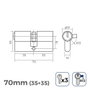 EDM 70mm (35+35mm) Cylindre en laiton doré 17mm avec leva r13 et 3 clés serreta