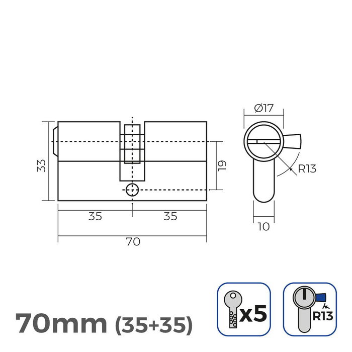 Edm Cylindre en laiton 70mm (35+35mm) leva courte r13 avec 5 clés de sécurité incluses Edm Cylindre en laiton 70mm (35+35mm) leva courte r13 avec 5 clés de sécurité incluses
