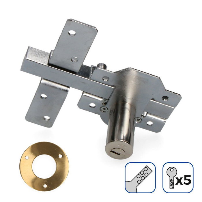 Edm Cerrolet de surface nickelé avec cylindre rond sécurité et pêne, en acier, 5 clés, 83.5 x 153 mm