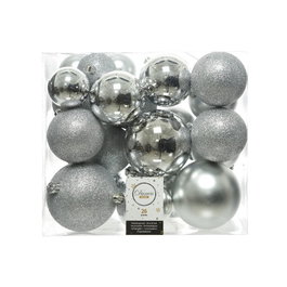 Decoris Lot de 26 boules décoratives pour sapin de Noël, argent brillant, tailles Ø6/Ø8/Ø10 cm