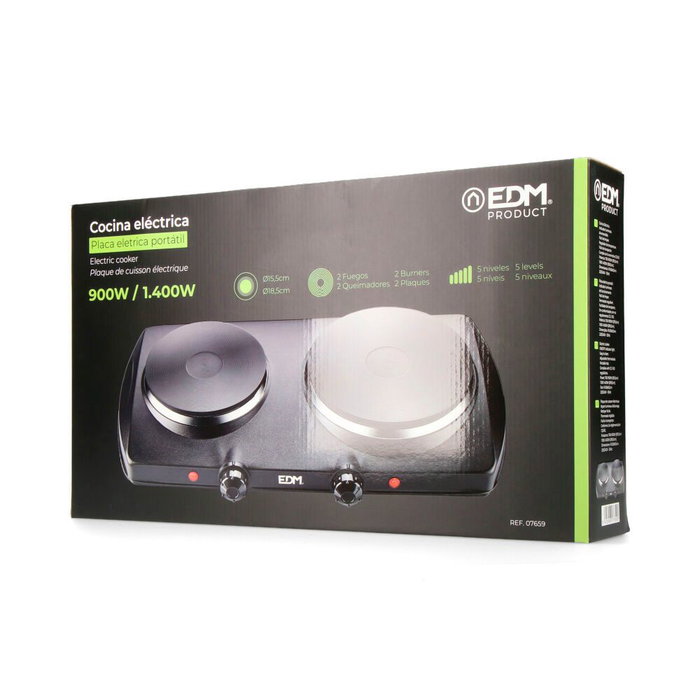 Edm CE/A13 2 feux 1400 W Cuisinière électrique noire 5 niveaux de puissance