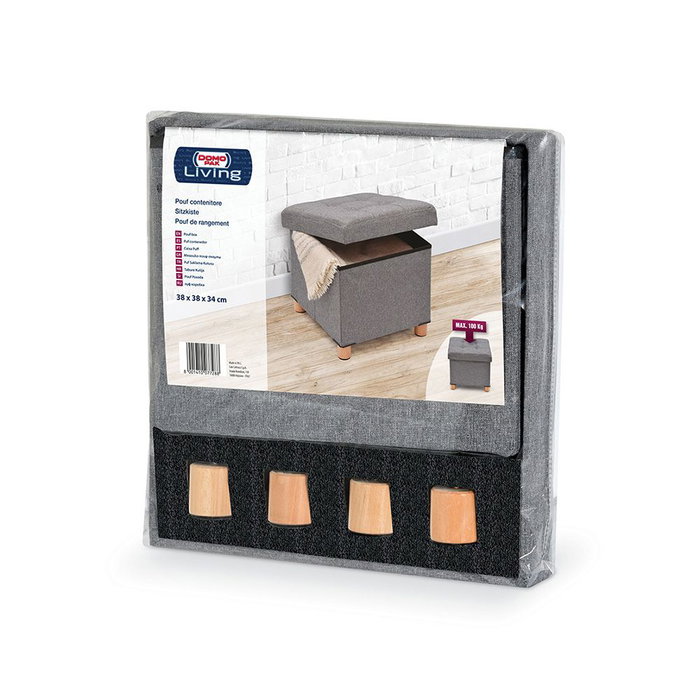 Domo Pack Living Pouf de rangement gris en tissu avec pattes en bois 38 x 38 x 34 cm Domo Pack Living Pouf de rangement gris en tissu avec pattes en bois 38 x 38 x 34 cm