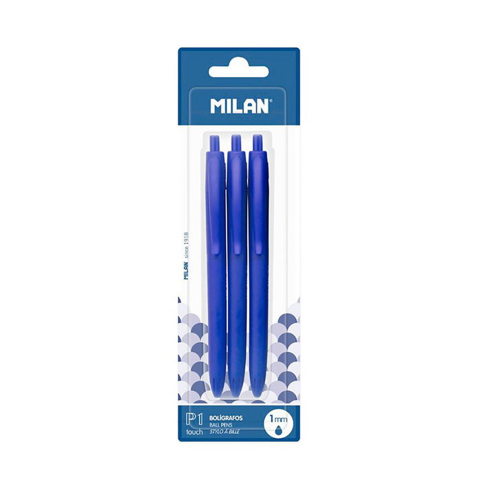 Milan Stylo à bille bleu Pi Touch Lot de 3 Rechargeable Pointe 1mm PVC Écriture 1200m