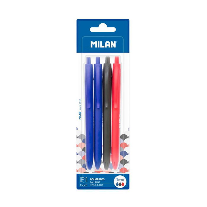 Milán Kit de 4 stylos P1 Touch assortis (2 bleu, 1 noir, 1 rouge) de 1 mm