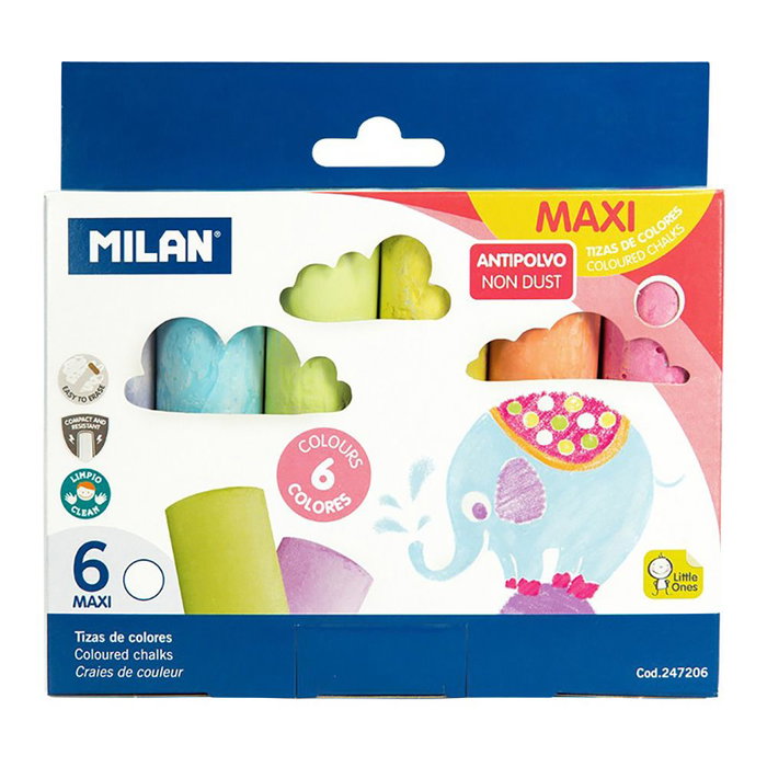 Milan Lot de 6 craies de couleur maxi anti-poussière Ø 2,5 x 10 cm pour école Milan Lot de 6 craies de couleur maxi anti-poussière Ø 2,5 x 10 cm pour école