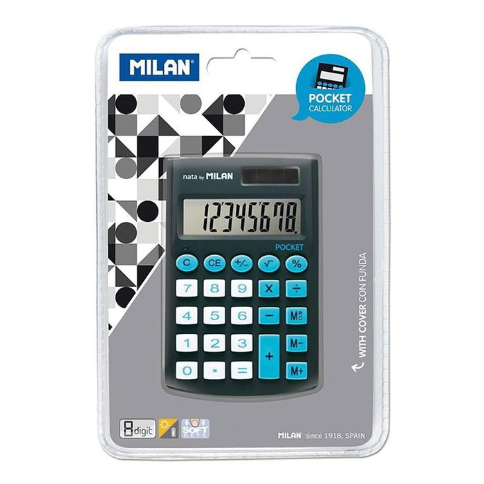 Milan Calculatrice de poche noire 8 chiffres avec étui, blister - 9,7 x 6,2 x 0,8 cm