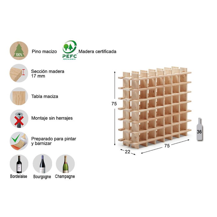 Astigarraga Botellero évolutif en pin massif pour 36 bouteilles 75 x 22 x 75 cm