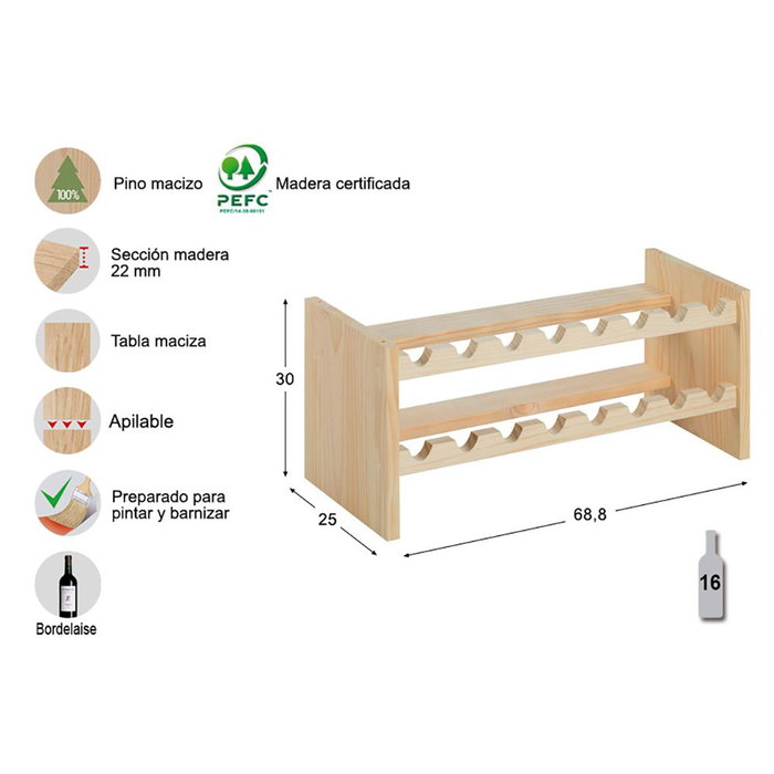 Astigarraga Merlot Botellero en pin massif pour 16 bouteilles 68,8 x 25 x 30 cm bois Astigarraga Merlot Botellero en pin massif pour 16 bouteilles 68,8 x 25 x 30 cm bois