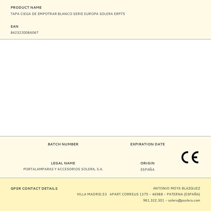 Solera Tapa ciega d'encastrement blanche Europa Solera ERP75 83x81mm Solera Tapa ciega d'encastrement blanche Europa Solera ERP75 83x81mm