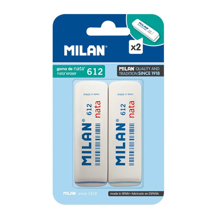 Milan Gomme à effacer Nata 612, blister de 2 unités, blanc, 7,8 x 2,3 x 1,2 cm Milan Gomme à effacer Nata 612, blister de 2 unités, blanc, 7,8 x 2,3 x 1,2 cm