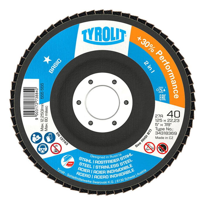 Tyrolit 34318369 Disque à lamelles pour acier et inox, Ø125 x 22,23 mm, grain 40, dégrossissage Tyrolit 34318369 Disque à lamelles pour acier et inox, Ø125 x 22,23 mm, grain 40, dégrossissage