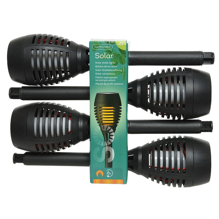 Lumineo Lot de 4 piquets solaires effet flamme Ø7,5 x 27cm, 12 LED, noir, avec interrupteur, batterie Ni-MH incluse Lumineo Lot de 4 piquets solaires effet flamme Ø7,5 x 27cm, 12 LED, noir, avec interrupteur, batterie Ni-MH incluse
