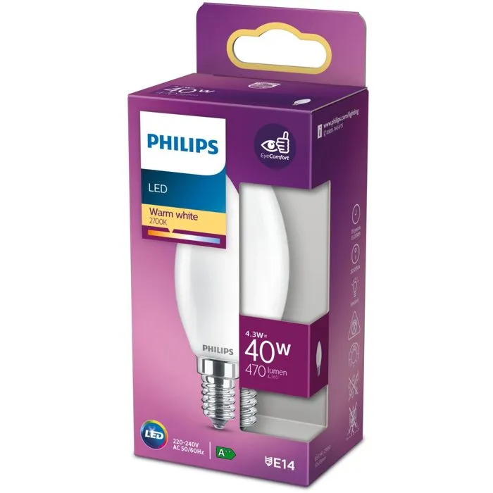 Philips Ampoule LED Classic 40W Flamme E14 Blanc Chaud Non Dimmable - Équivalent 40W - Éclairage Chaud et Économe