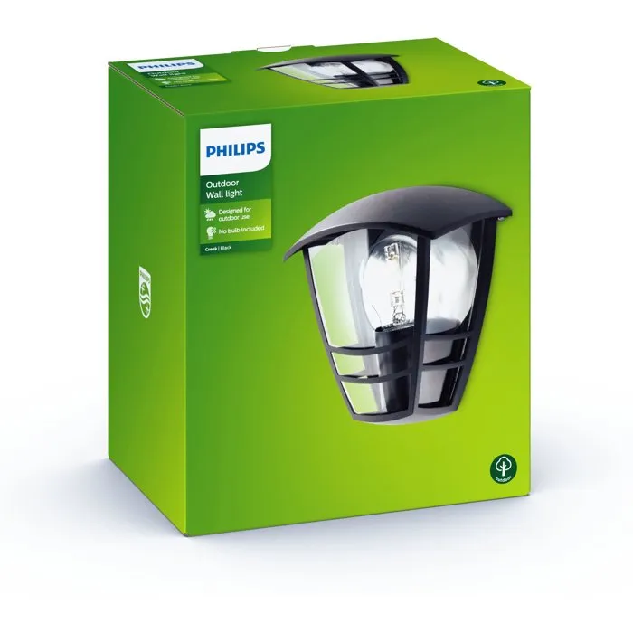 Philips Creek - Applique murale extérieure E27 Noir IP44 - Éclairage décoratif et résistant aux intempéries