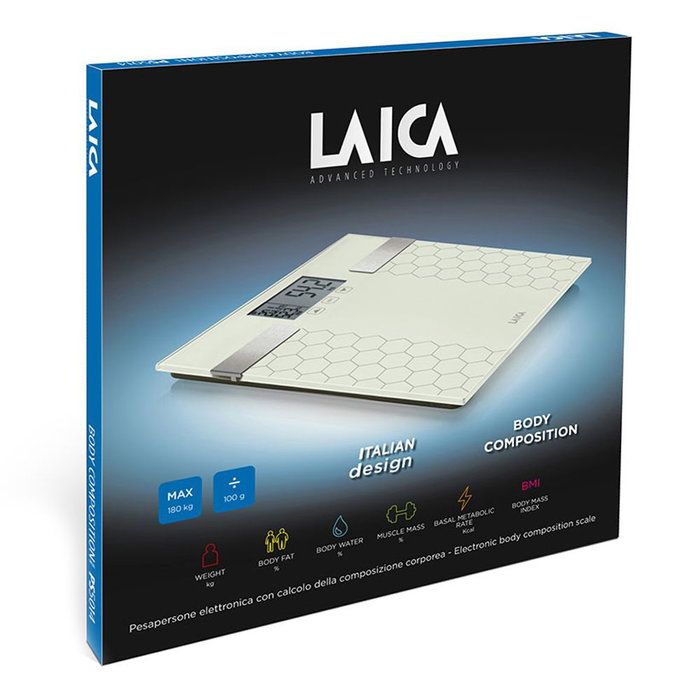 Laica PS5014 Balance de salle de bain numérique avec calcul de la composition corporelle, blanc, max 180 kg, verre trempé