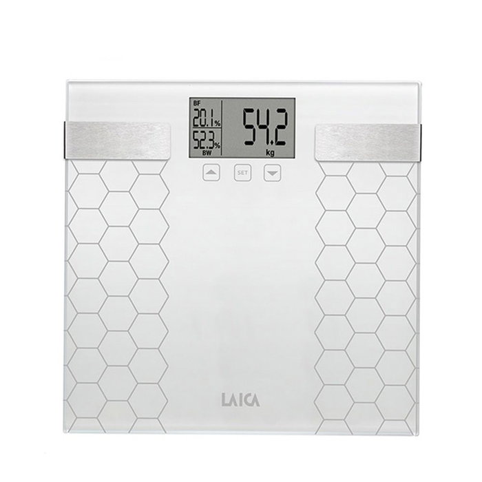 Laica PS5014 Balance de salle de bain numérique avec calcul de la composition corporelle, blanc, max 180 kg, verre trempé