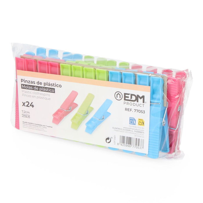 Edm Lot de 24 pinces à linge en plastique de couleurs variées 7,2 cm avec ressort métallique inoxydable Edm Lot de 24 pinces à linge en plastique de couleurs variées 7,2 cm avec ressort métallique inoxydable