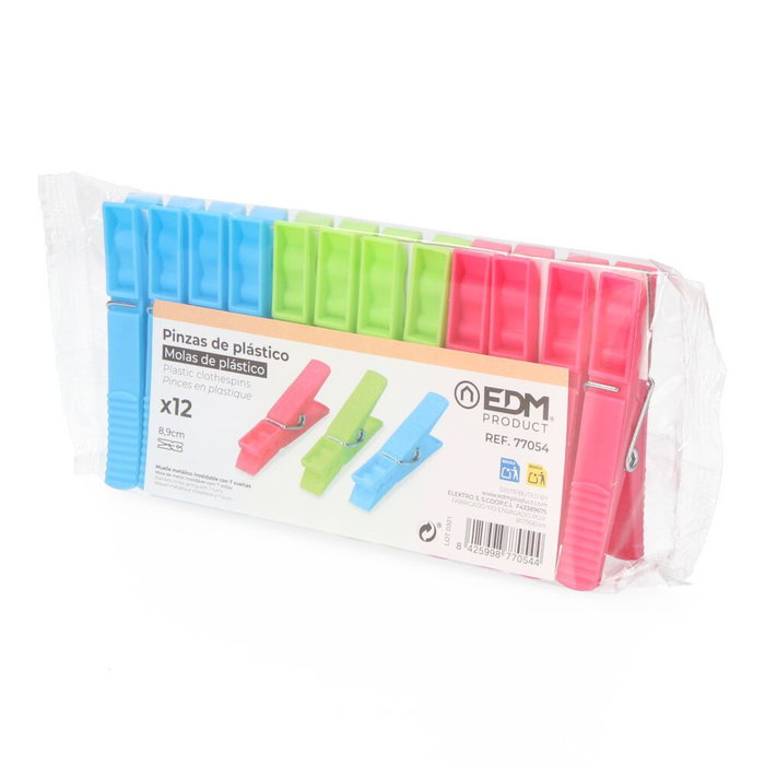 Edm Lot de 12 pinces à linge en plastique colorées 9 cm avec ressort métallique inoxydable Edm Lot de 12 pinces à linge en plastique colorées 9 cm avec ressort métallique inoxydable