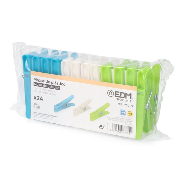 Edm Lot de 24 Pinces à Linge en Plastique Couleurs Variées 8 cm avec Ressort Métal Inox